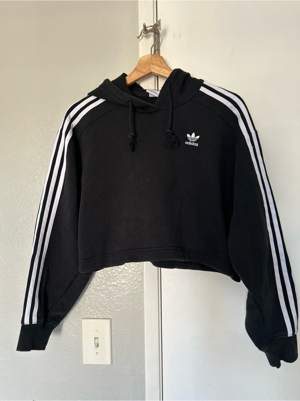 Adidas Women's Black Cropped Hoodie Sweater with White Stripes